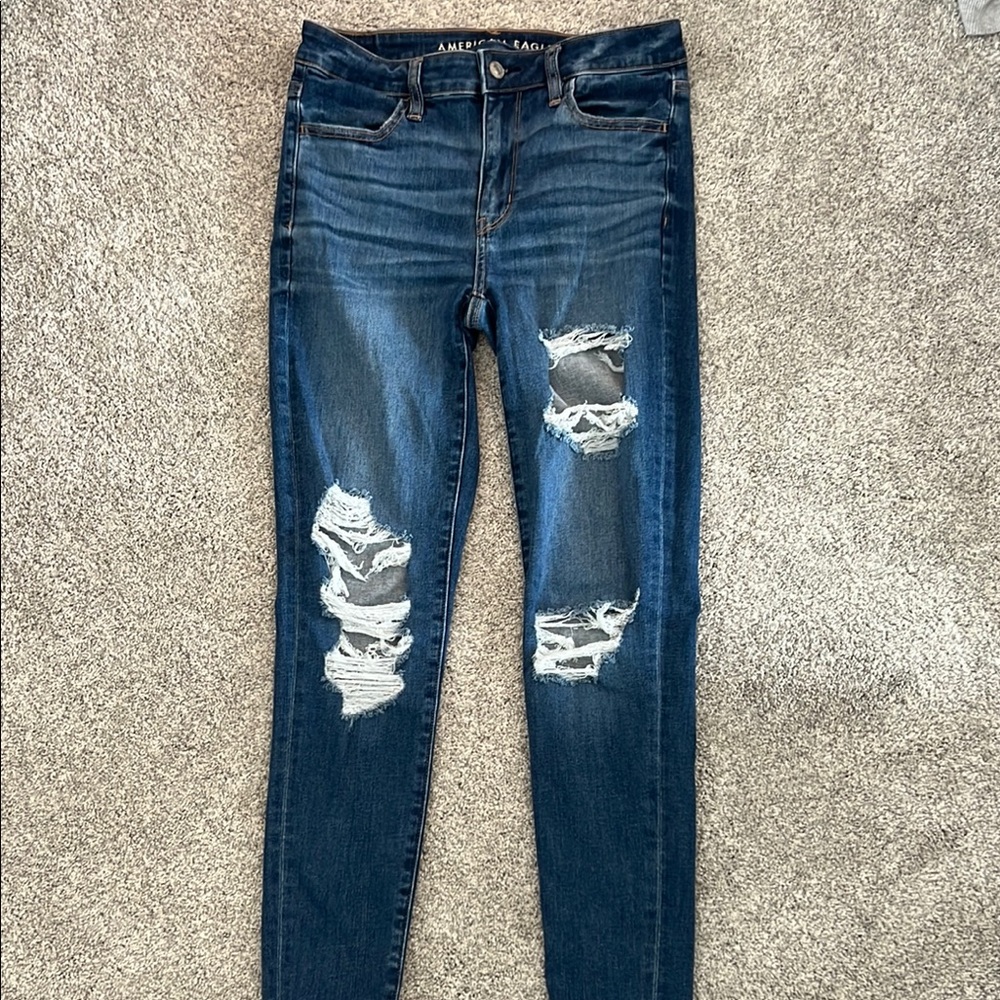 American Eagle Outfitters Blue Skinny Jeans with Distressed Details